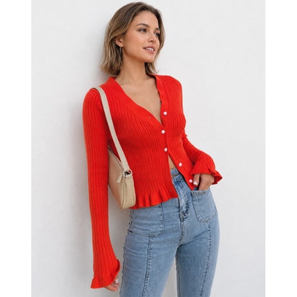 Commense Ruffle Cardigan Women Size L Red Ribbed Knit V-Neck Long Sleeve Sweater